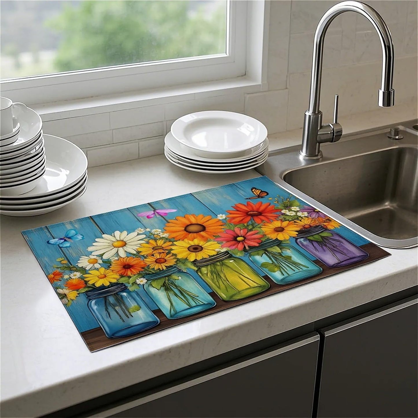 Dish Drying Mat For Kitchen Counter, Vintage Daisy Flower Microfiber Absorbent Dish Drainer Rack Pad Reusable Large 18x24in Drying Mat