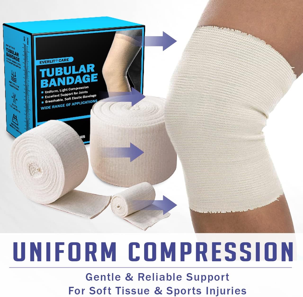 EVERLIT Elasticated Tubular Support Bandage | Stockinette Tubing for Large Arm, Knees, Legs | Light to Moderate Compression Bandage Roll For Tissue Support (Size F | 4" x 11 yd)