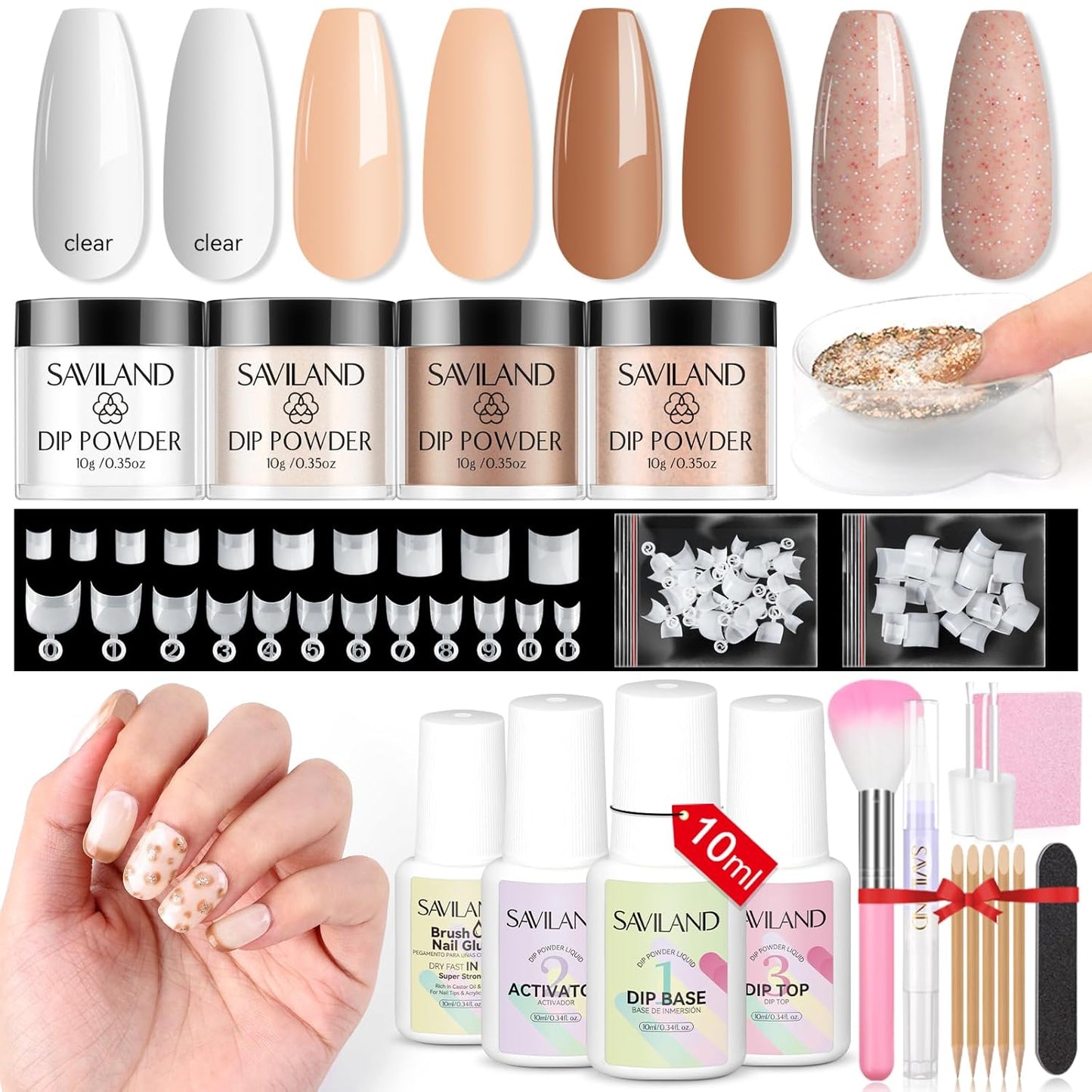 SAVILAND Dip Powder Nail Kit Starter with Nail Tips - 4 Colors with French Tips & Keratin Formula, Brown Nude Clear Dipping Powder No U V Lamp Needed for Home Manicure (10ml x4 Dip Liquids + Tools)