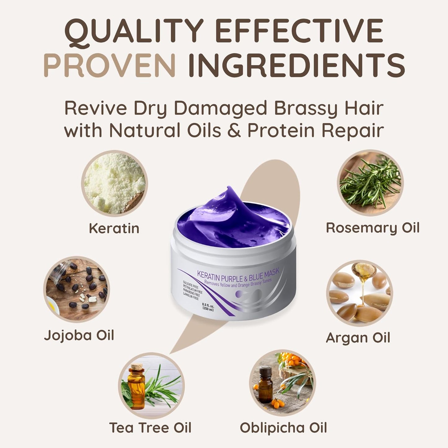 VITAMINS hair cosmetics Keratin Purple Hair Mask - Blue Hair Mask Deep Conditioner Treatment - Blonde Toner to Neutralize Brassiness in Brassy Blonde, Silver, White, Gray & Brown Locks