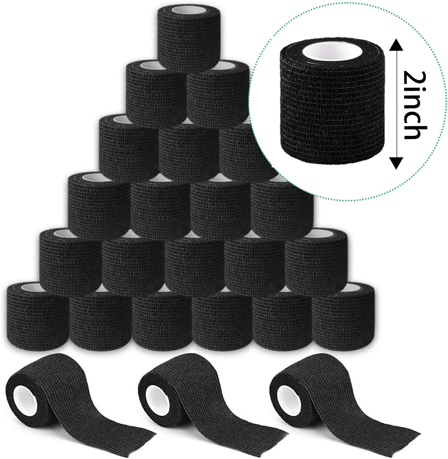 100 Rolls Self Adhesive Bandage Wrap 2 inch Cohesive Bandage Wrap Stretch Bandages Wraps Tape Black Elastic Self-Adherent Tape for Wrist Ankle Sports Swelling Sprains