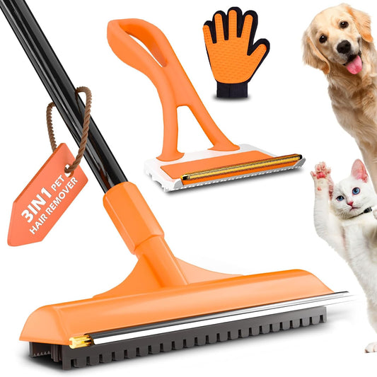 Carpet Rake for Pet Hair Removal - 3 in 1 Pet Hair Remover Tool with 58" Adjustable Long Handle,Reusable Dog & Cat Carpet Scraper,Pet Hair Remover for Rugs,Mats,Couch,Curtains(Orange)
