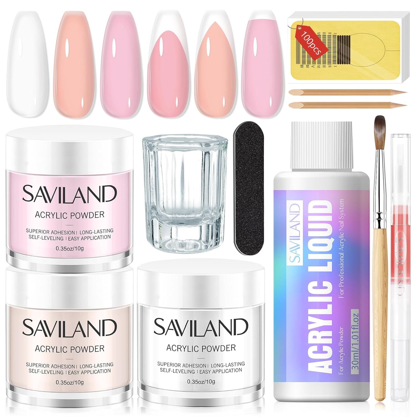 SAVILAND Essentials Acrylic Nail Kit for Beginners: Clear Nudes Pink Acrylic Powder and Liquid Set with #12 Acrylic Nail Brush Cuticle Oil Pen Forms Tools Extension Nail Kit with Everything Home DIY