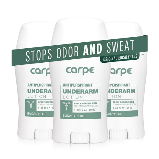 Carpe Underarm Antiperspirant and Deodorant, Clinical strength antiperspirant with all-natural eucalyptus scent, Combat excessive sweating and stay fresh. Great for hyperhidrosis (Pack of 3)