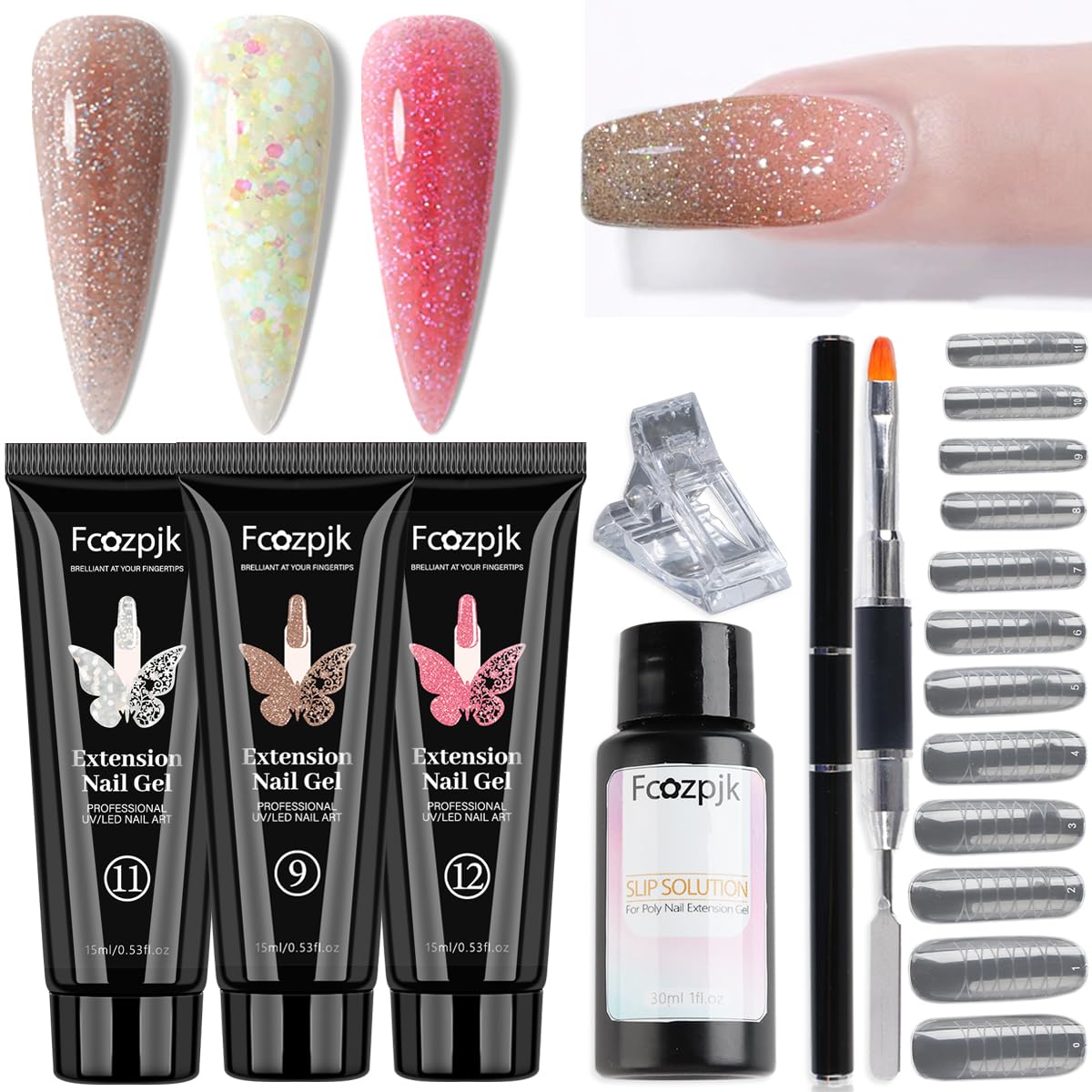 Poly Gel Nail Kit - Wine Red, Brown & Iridescent Builder Gel With Chunky Glitter - Slip Solution, Dual Nail Forms & Clips - Home Manicure Starter Kit