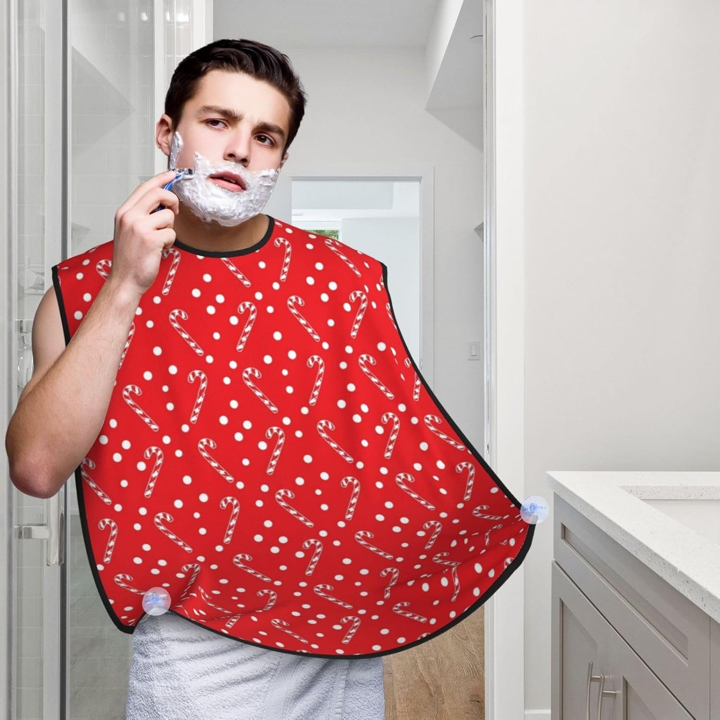 Men's Beard Maintenance Apron, Waterproof & Easy Clean, Christmas Polka Dots Candy Cane Red