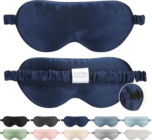 Mulberry Silk Blackout Adjustable Sleep Eye Mask for Men/Women Travel Plane,Navy Blue