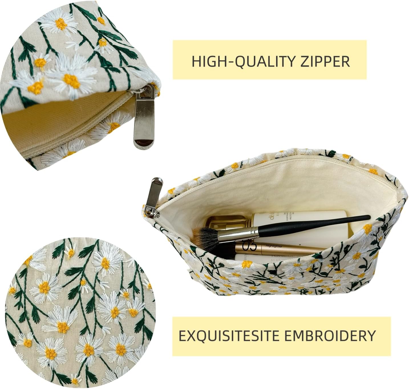 2 Pcs Makeup Bags, Large Cosmetic Bag Travel Toiletry Bag Organizer for Women, Embroidery Craft, Floral Makeup Bag Small Cosmetic Pouch Purse with Zipper Gifts for Girls Teen