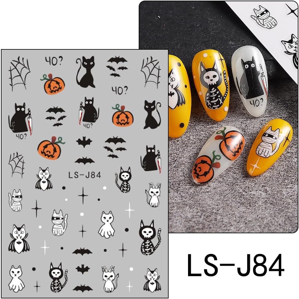 8 Sheets Halloween Cute Nail Stickers Pumpkin Ghost Mummy Cat 3D Self Adhesive Black Nail Decals Spider Web Bat Nail Art Design Halloween Party DIY Nail Art Decoration for Women Kid Girls