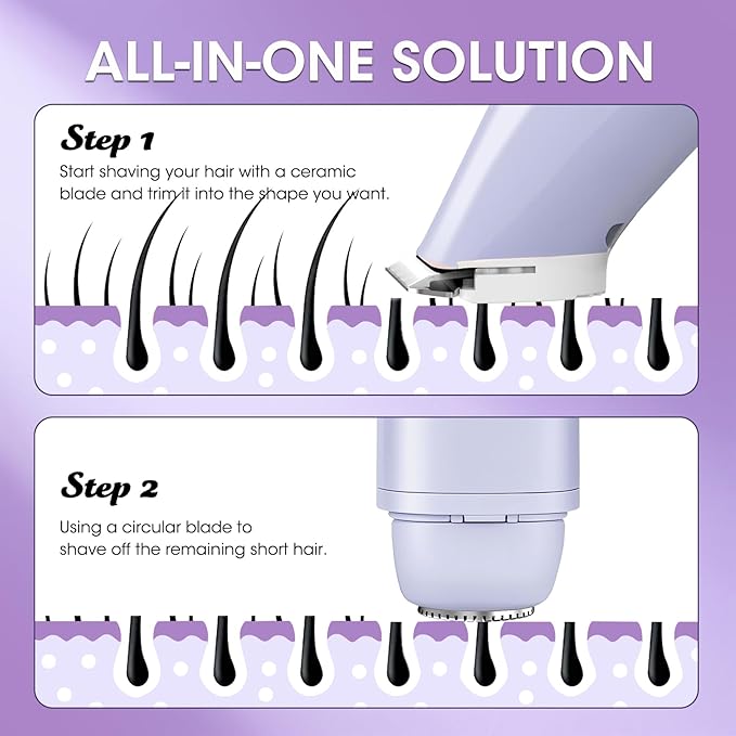 Lanumi 2 in 1 Electric Shaver Dual Head Bikini Trimmer Women IPX6 Wet Dry Pubic Hair Trimmer Rechargeable Body Facial Hair Remover for Face Lip Chin Underarm Legs (Purple)