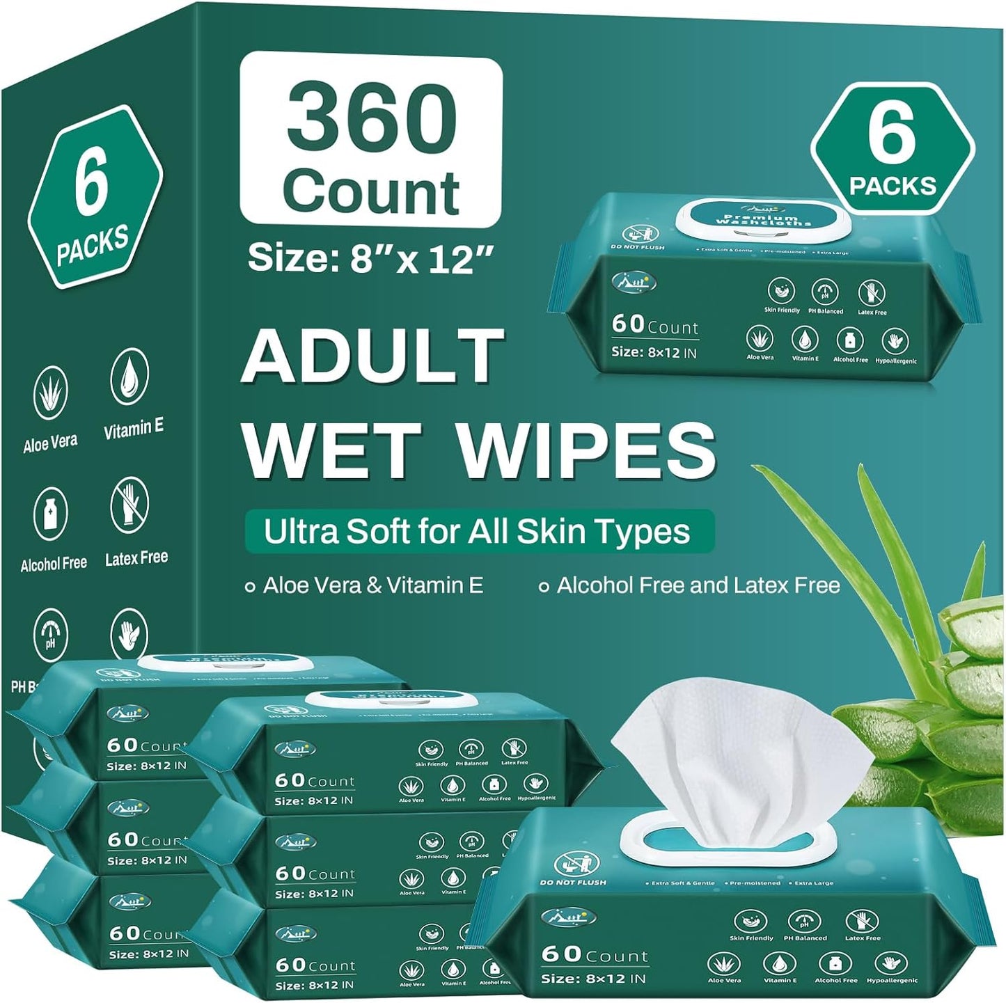 [360 Count] Adult Wipes for Elderly, 8" x 12" Extra Large Adult Wipes for Incontinence & Cleansing - Disposable Washcloth for Elderly Bathing No-Rinse - Vitamin E & Aloe