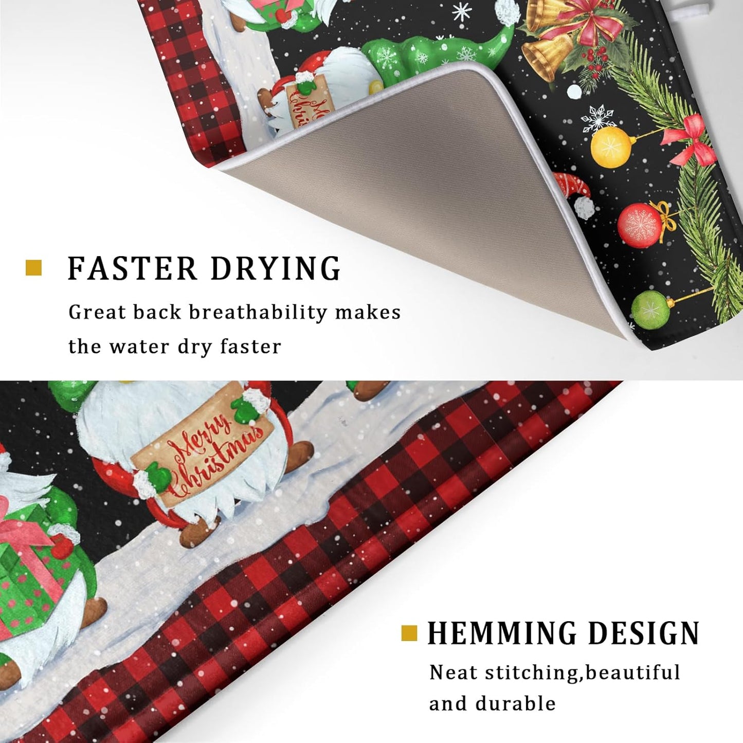 Merry Christmas Dish Drying Mat Black Gnomes Dish Drainer Mats 18x24 Inch Holiday Decorative Absorbent Dishes Pad for Kitchen Counter Sink