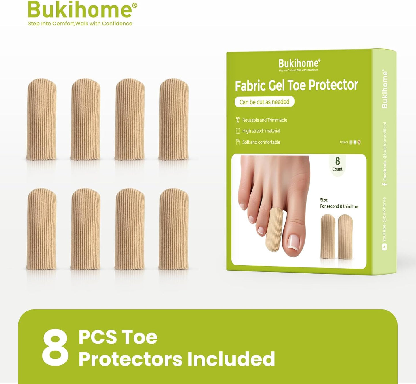 Bukihome 8 PCS Toe Protectors, Silicone Toe Caps Closed Toe Surface Fabric Sleeve Protectors, Prevent Pain Relief for Corns, Blisters and Ingrown Toenails（8PCS Medium Size)[Upgrade]