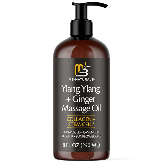 Ylang Ylang + Ginger Lymphatic Drainage Massage Oil – with Collagen & Stem Cells for Circulation, Detox & Cellulite Removal – Body Oil for Muscle Relief, Skin Firming & Relaxation – 8oz by M3 Naturals