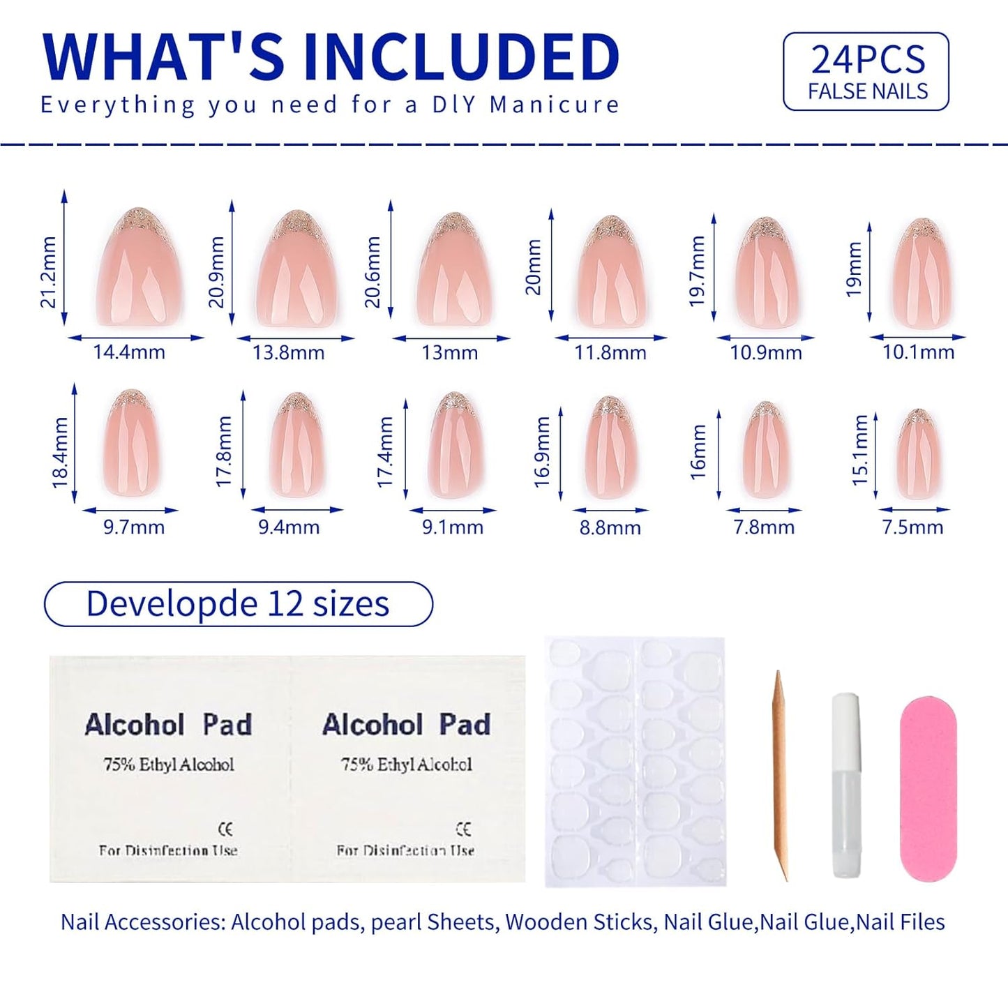 French Press On Nails Short Almond, Pink Fake Nails with Gold Border Accent Glitter French Tips Designs, Glossy Gel Finish Acrylic Nails Press Ons Short, Natural Reusable Glue On Nails Kit, 24Pcs