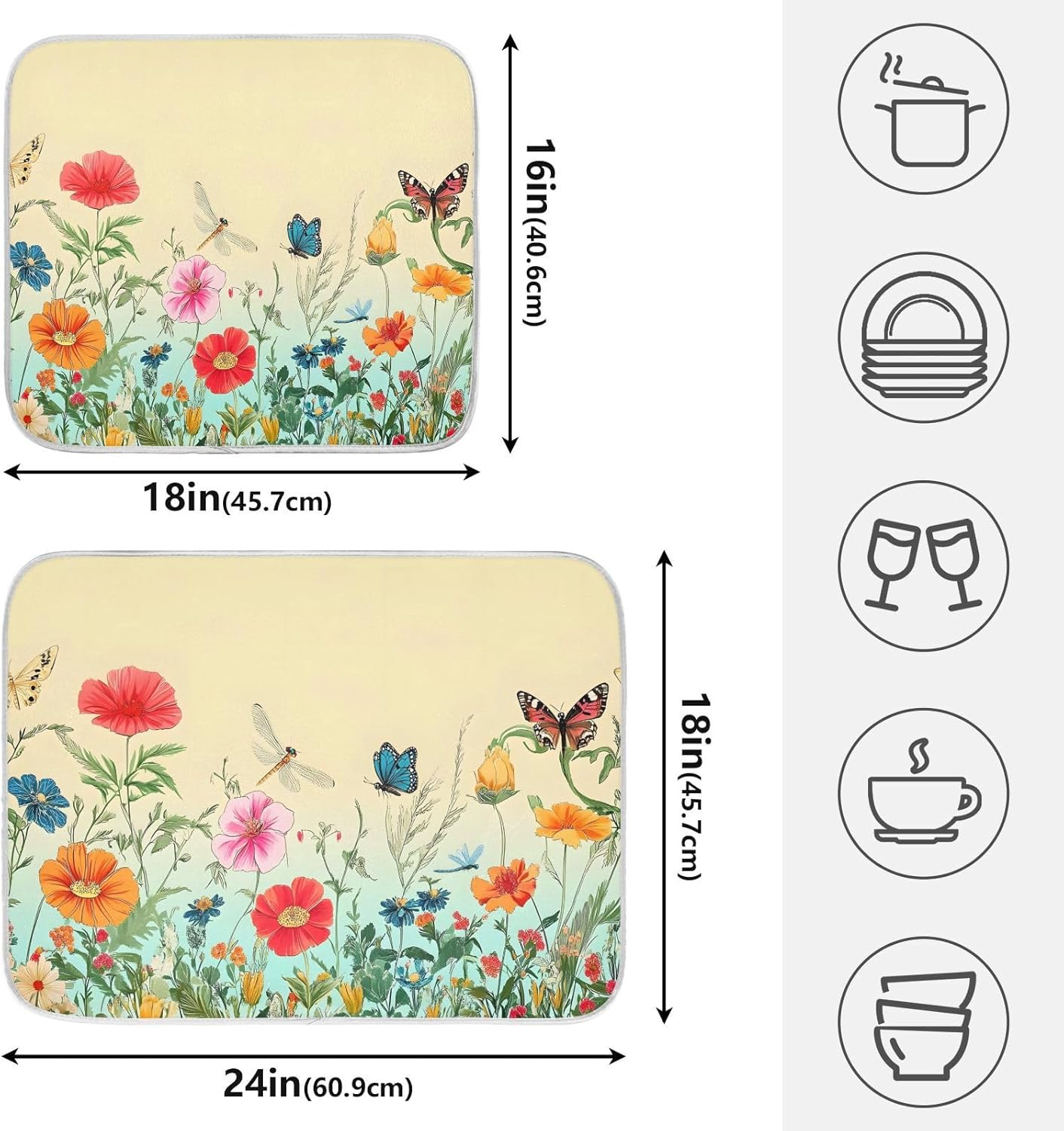 Dragonfly Butterfly Tulip Flower Dish Drying Mats for Kitchen Counter, 18x24 inch Drying Dishes Absorbent Microfiber Dish Drainer Mat Rack Pad Fast Dry