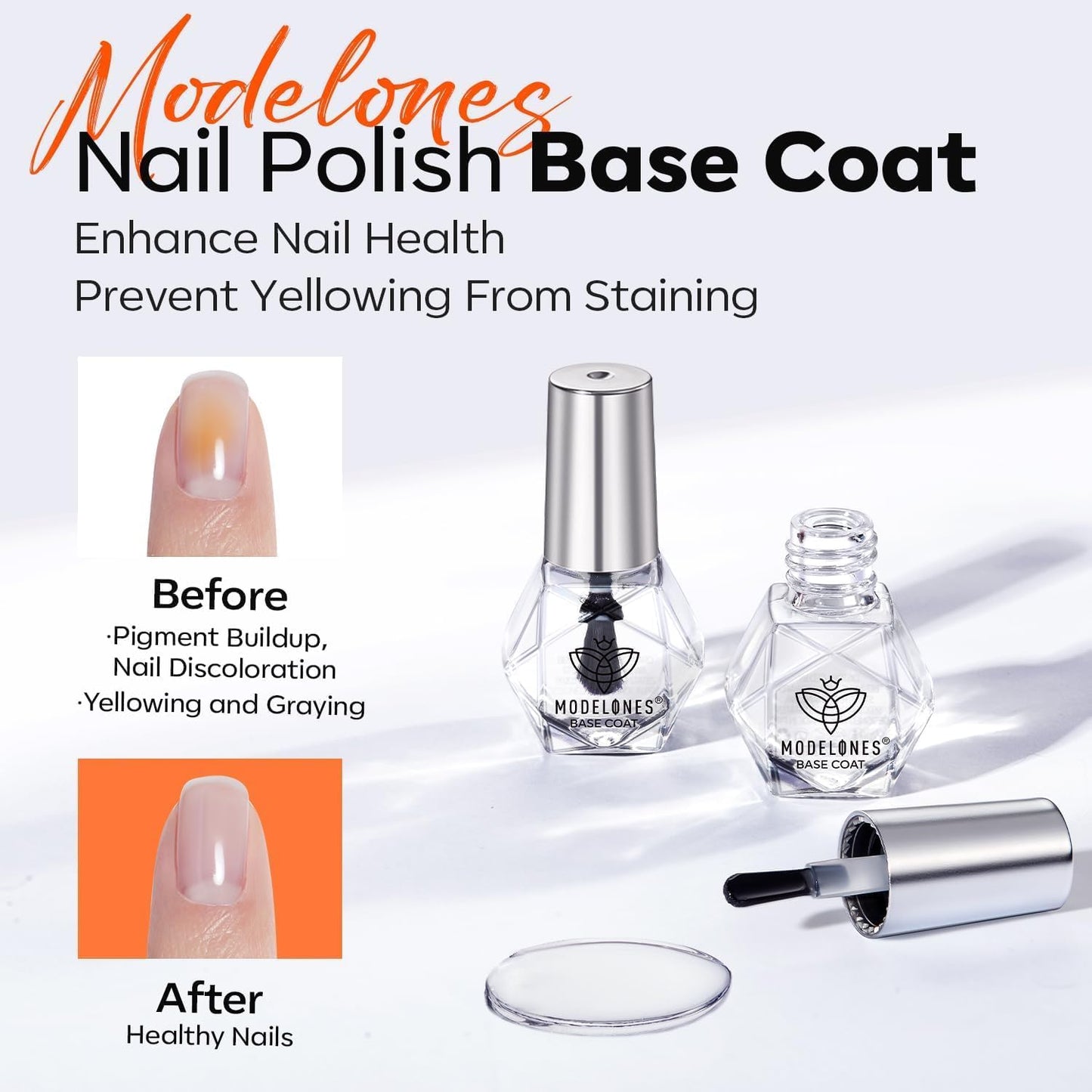 modelones 2 Pcs No Wipe Top Coat and Base Coat Nail Polish Set, Clear Quick Dry Nail Polish High Shine Long Lasting Glossy Regular Nail Lacquer Air Dry Fast Base Top Coat Gifts for Women Nail Art 5 ML