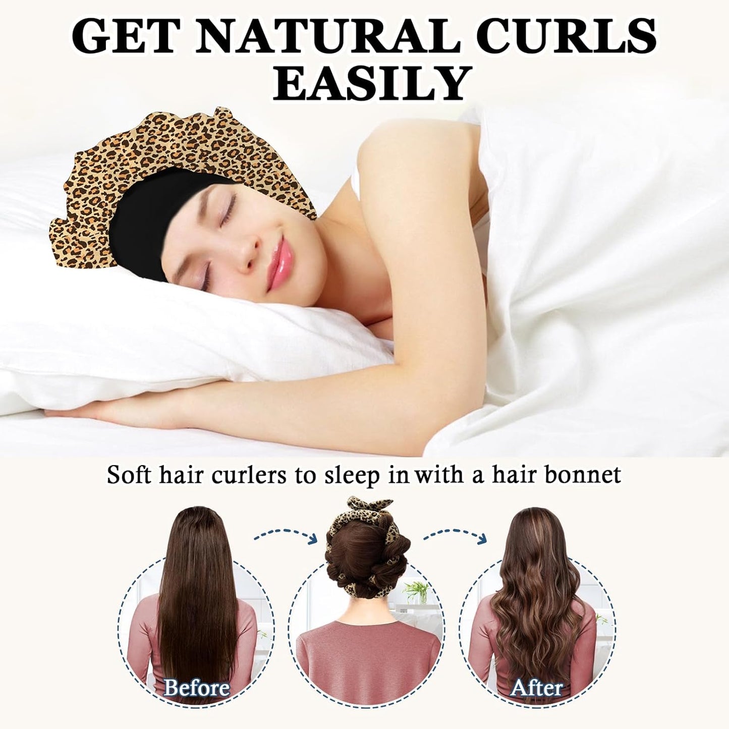 No Heat Overnight Curl Headband - 70" Soft Ribbon Wrap for Long Hair, 9 PCS Curling Rods Set - Leopard Print Curls Headband