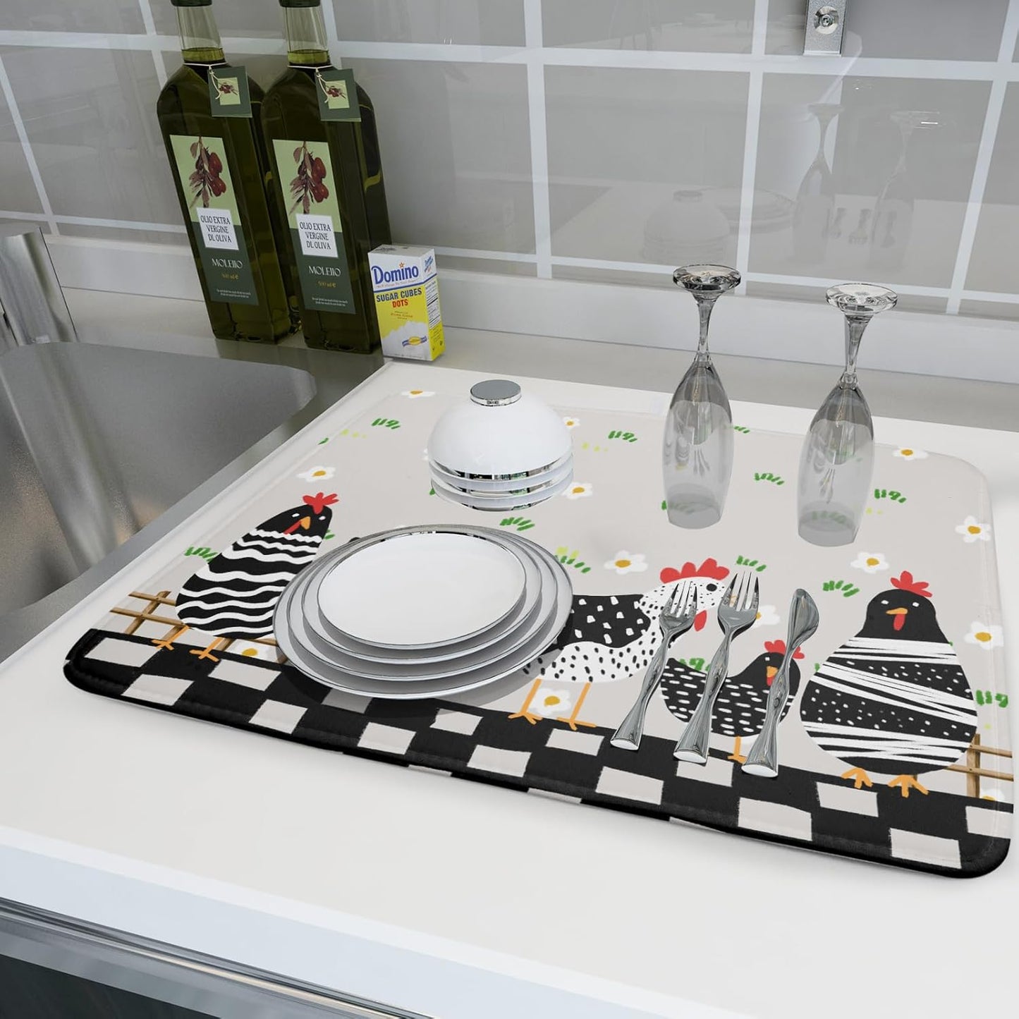 Black Rooster Dish Drying Mat for Countertop 18x24 Inches Buffalo Plaid Microfiber Drainer Rack Pads Fast Dry Dishes Mats Kitchen Accessories