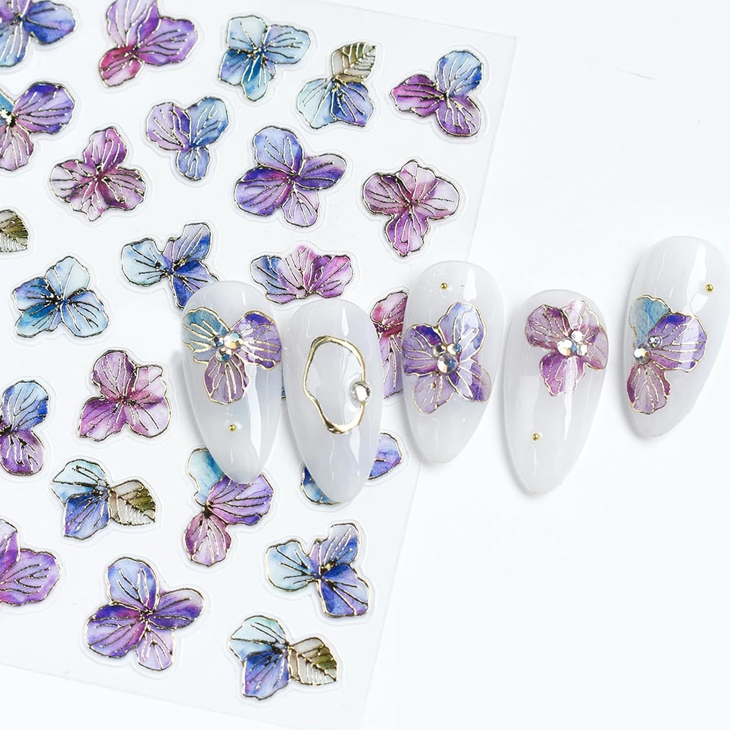 4 Sheets Purple Gold Flower Nail Art Stickers 5D Embossed Flowers Self-Adhesive Pegatinas Uñas Colorful Petals Nail Decals Purple Flower Nail Stickers for Women Nail Art Decoration