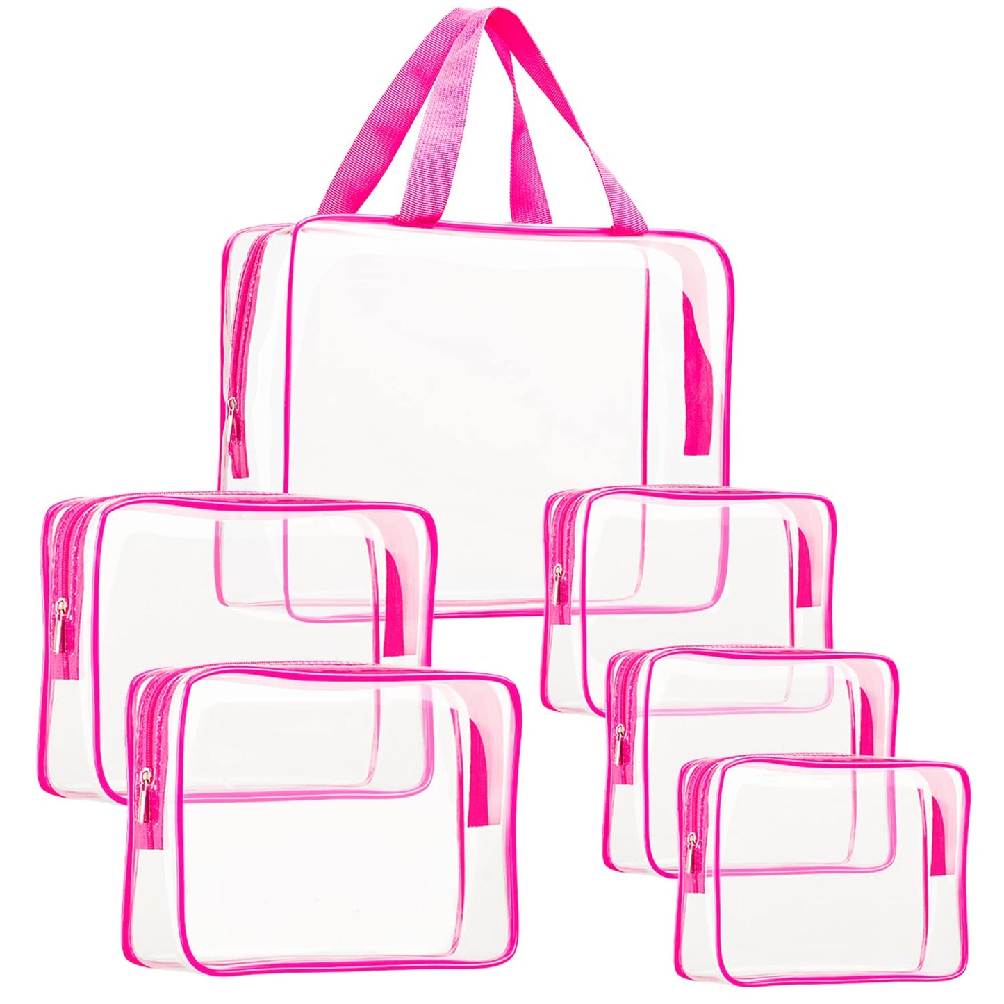 6Pcs Crystal Clear PVC Travel Toiletry Bag Kit for Women Men, Waterproof Vinyl Packing Organizer Storage Bags with Zipper Handle Straps, Cosmetic Pouch Carry on Airport Airline Compliant Bag Handbag