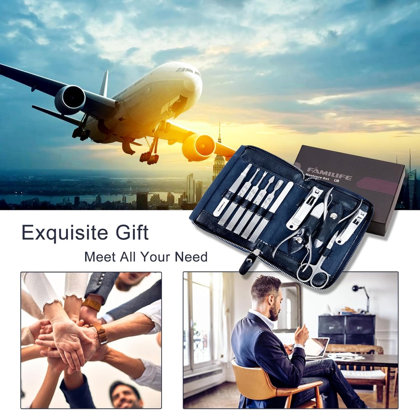 Manicure Kit, FAMILIFE Professional Manicure Set Nail Kit, 11 in 1 Stainless Steel Nail Clippers Set for Men Pedicure Kit, Men Grooming Kit with Portable Blue Leather Travel Case Luxury Gifts for Him