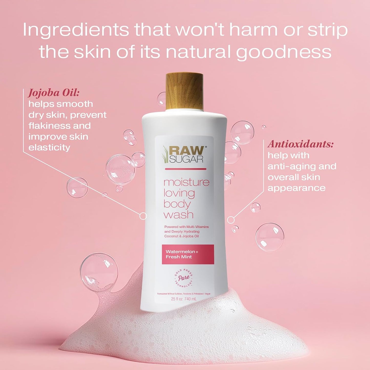 RAW SUGAR Moisture Loving Body Wash - Watermelon + Fresh Mint, Moisturizing & Refreshing Bath & Shower Gel, Sulfate-Free, Paraben-Free & Vegan (Pack of 3)