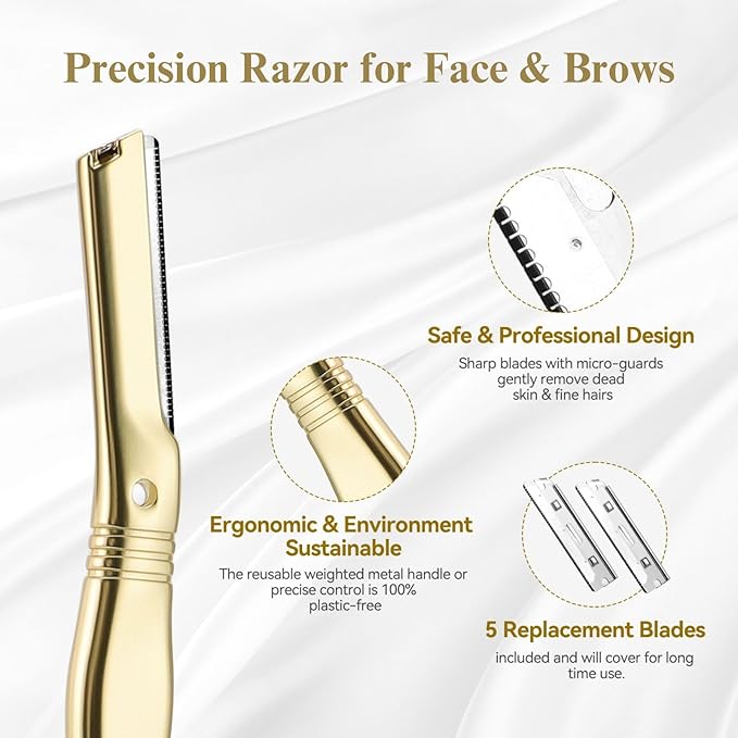 Dermaplane Razor for Women Face with 6 Refill Blades, Dermaplaning Tool Face Razors for Removes Facial Hair, Peach Fuzz, Reusable Metal Handle Eyebrow Razor (Royal Gold)