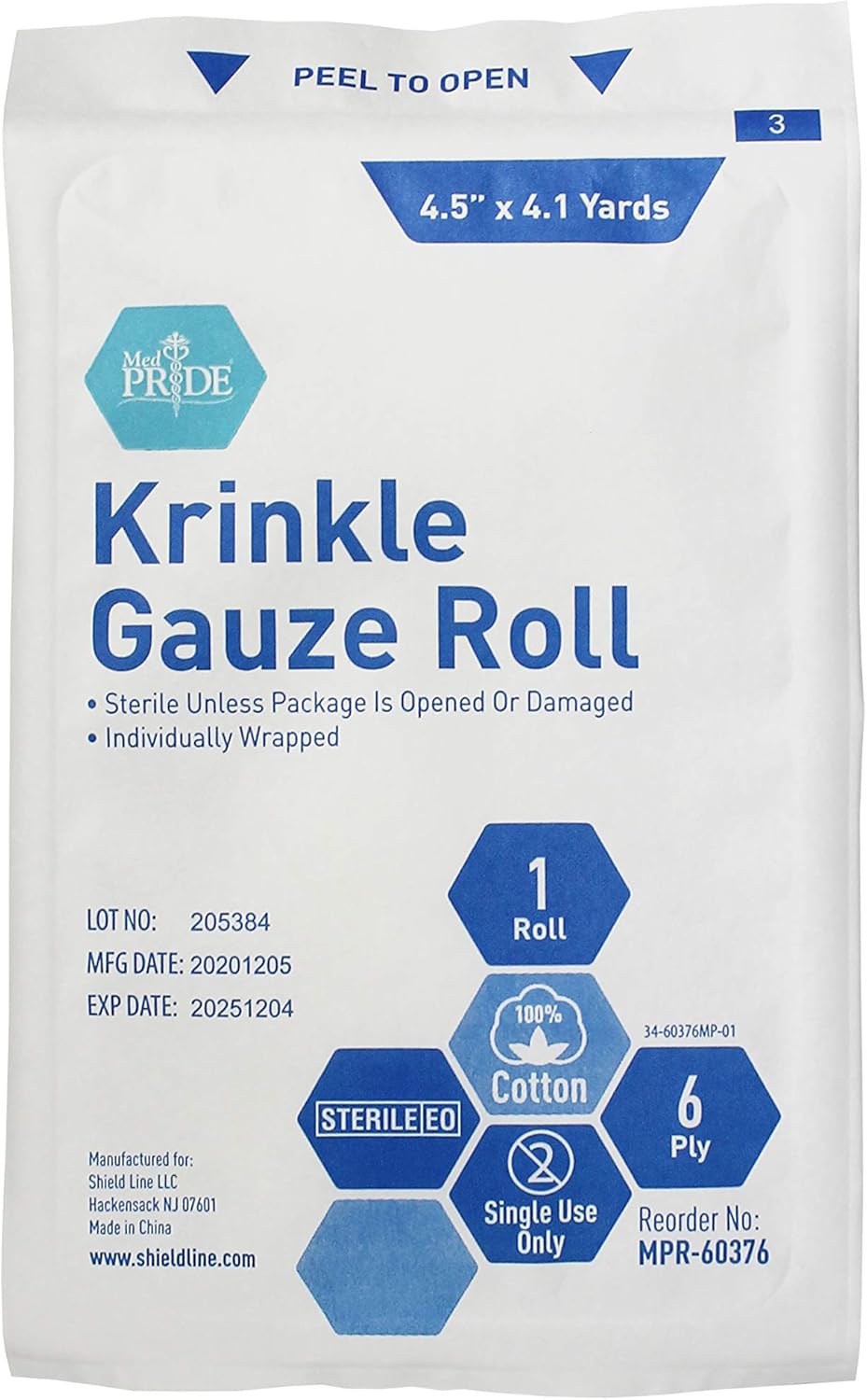 MED PRIDE Sterile Krinkle Gauze [6 Rolls]- 4.5'' x 4.1 Yards Rolls - Cotton Wound Dressing Sterile Wraps – 6-Ply Highly Absorbent First Aid Gauzes - Medical Individually Wrapped Mesh Bandage Gauzes