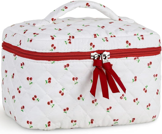 Prite Large Makeup Bag for Women Quilted Floral Cotton Cosmetic Bag Cute Coquette Aesthetic Floral Travel Toiletry Bag (Red Berries)