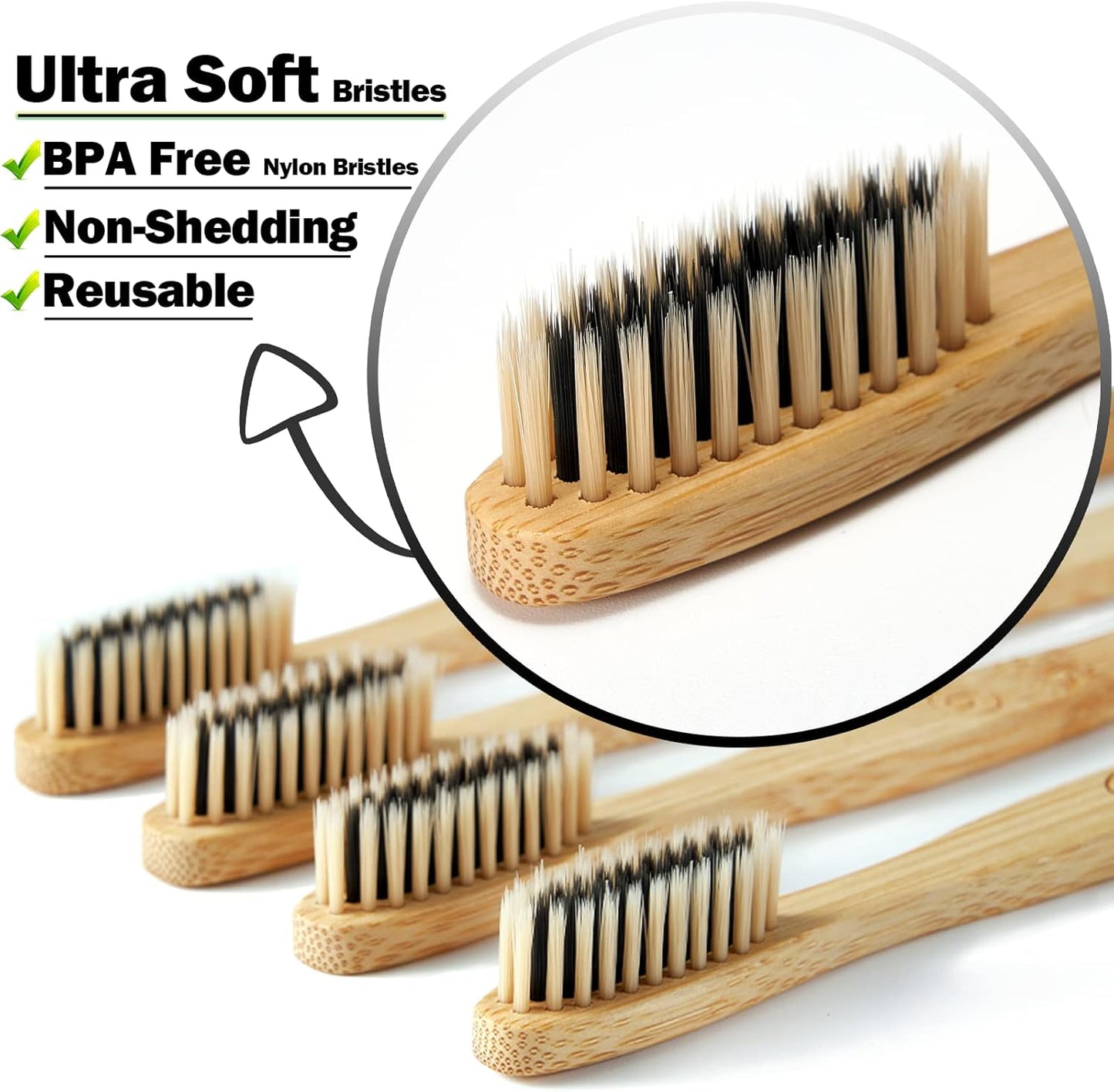 10 Count Bamboo Toothbrush (Soft+Medium) Charcoal Toothbrushes, Natural Wood Toothbrushes, Reusable Travel Toothbrushes