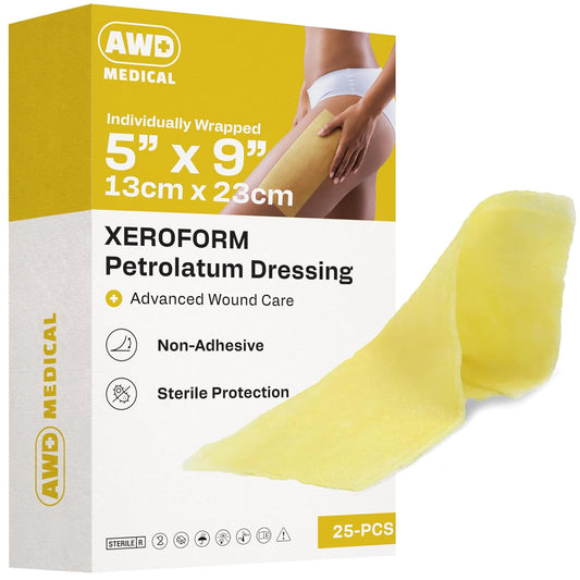 AWD Medical Xeroform Petrolatum Dressing 5x9 - Non-Adhering Gauze Pads - Fine Mesh Gauze Patch Sterile - Healthcare Supplies for Wound Care, Burns, Lacerations, & Skin Grafts Aide (Box of 25, 5"x9")
