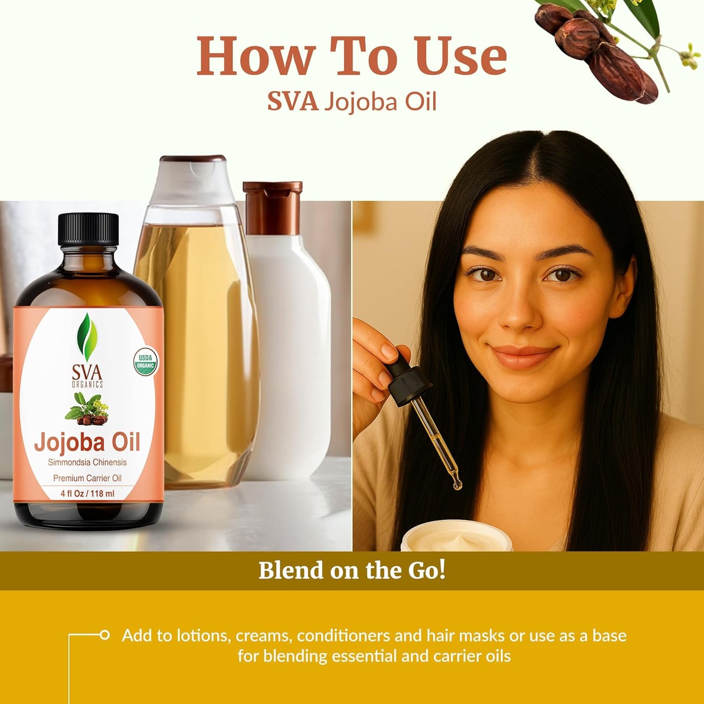 SVA Jojoba Seed Oil Organic - 4 Fl Oz – 100% Natural Cold Pressed Organic Jojoba Oil - for Face, Skin Care, Hair Care, Scalp Massage & Body Massage – Carrier Oil with Dropper