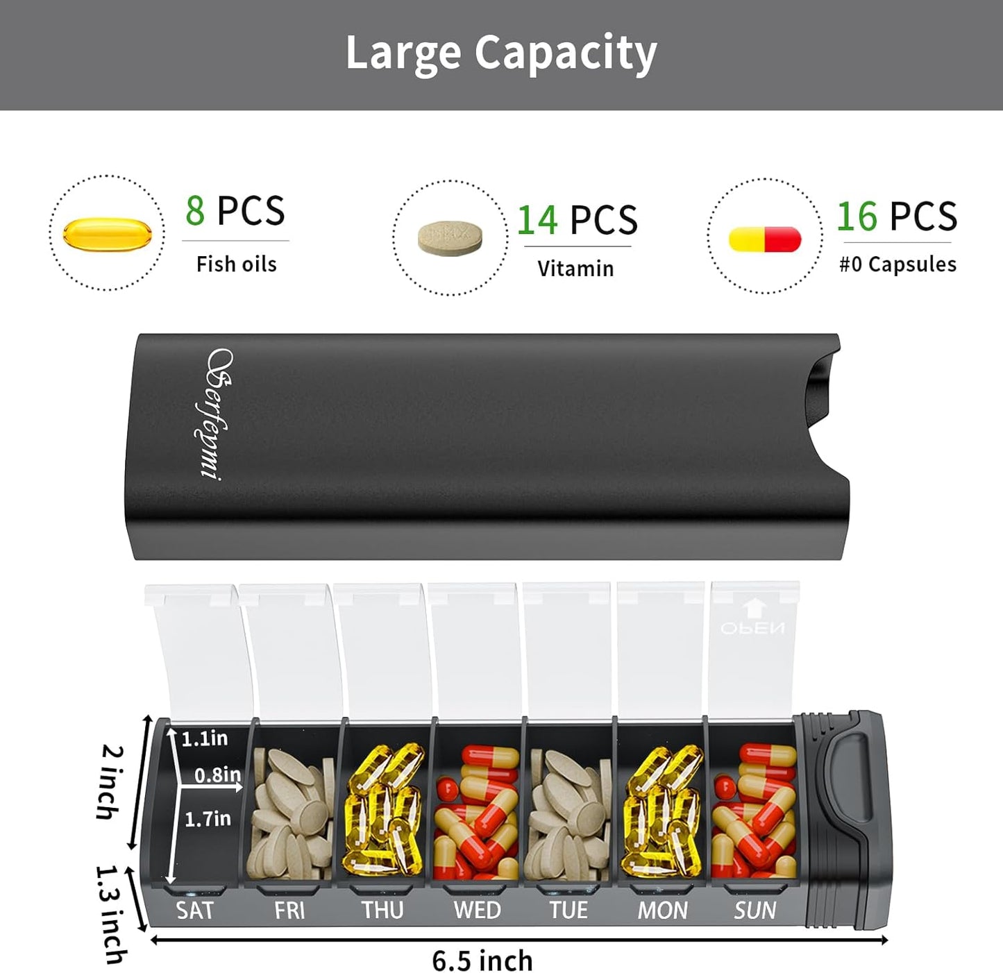 Metal Weekly Pill Organizer, Serfeymi Aluminum Daily Pill Box(Spare Gasket Provided),7 Day Pill Case Travel Medicine Organizer,Pill Containers with Individual Lid for Vitamins,Pills, Supplement-Black