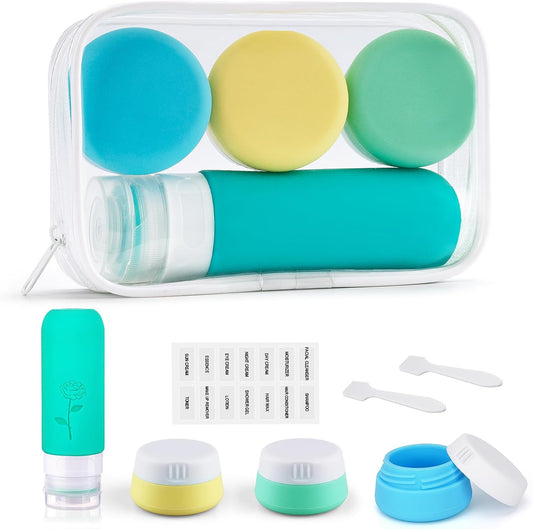 Small Travel Size Container for Cream 3pcs Mini Silicone Makeup Jar and 1pcs Tiny Squeeze Bottle, TSA Approved Leak-proof Lotion Pots and Toiletries Bottles With Storage Bag