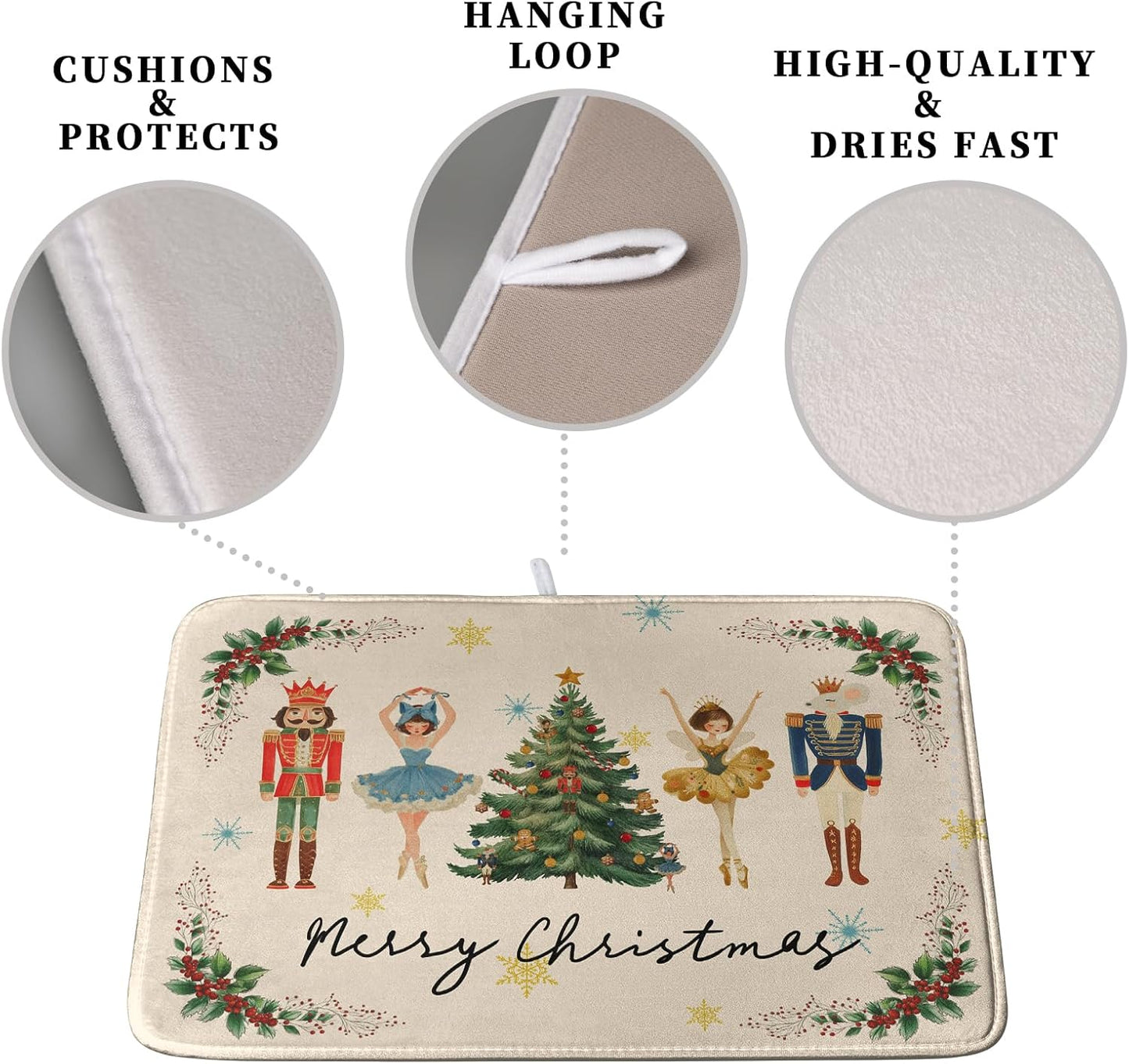 Merry Christmas Nutcracker Dish Drying Mat for Kitchen Counter 16x18 Inch Winter Xmas Tree Snowflakes Drying Mats Microfiber Absorbent Dish Drainer Washable Dish Rack Pad for Sink Coffee Bar