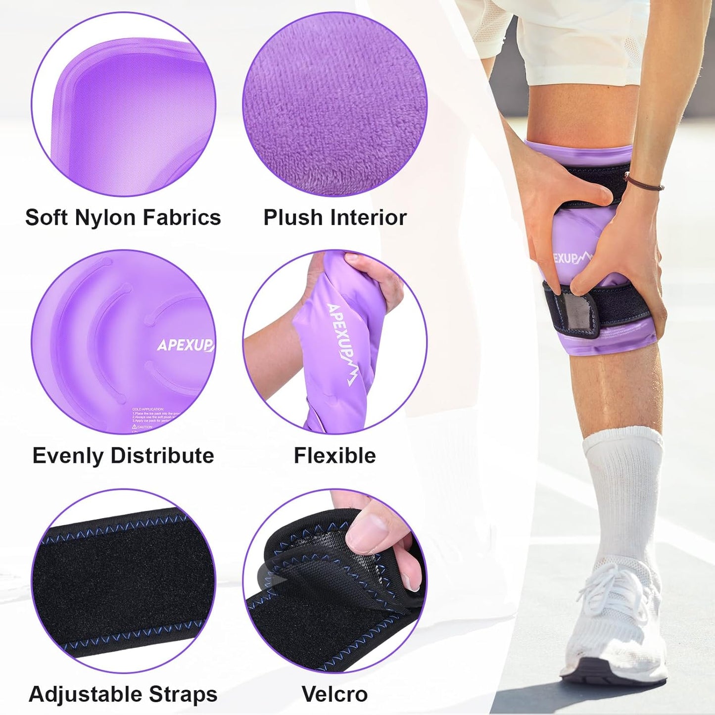 APEXUP Ice Pack for Knee Pain Relief, Large Reusable Wrap After Surgery, Flexible Gel Cold Pack for Injuries, Pain Relief for Back, Shoulder, Elbow, Ankle and Leg (Purple, L, 2PK)