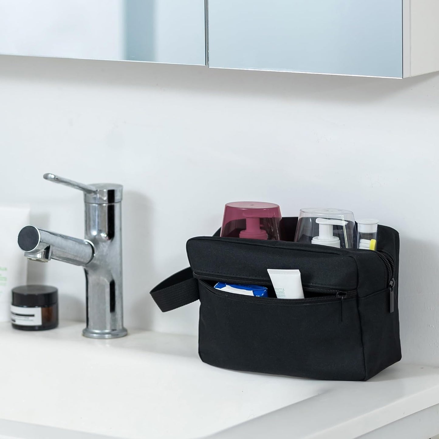 Elviros Travel Toiletry Bag for Women and Men, Lightweight Makeup Bag Hanging Dopp Kit with Shaving Compartment Cosmetic Organizer Small Tool Bag Travel Essentials, Black