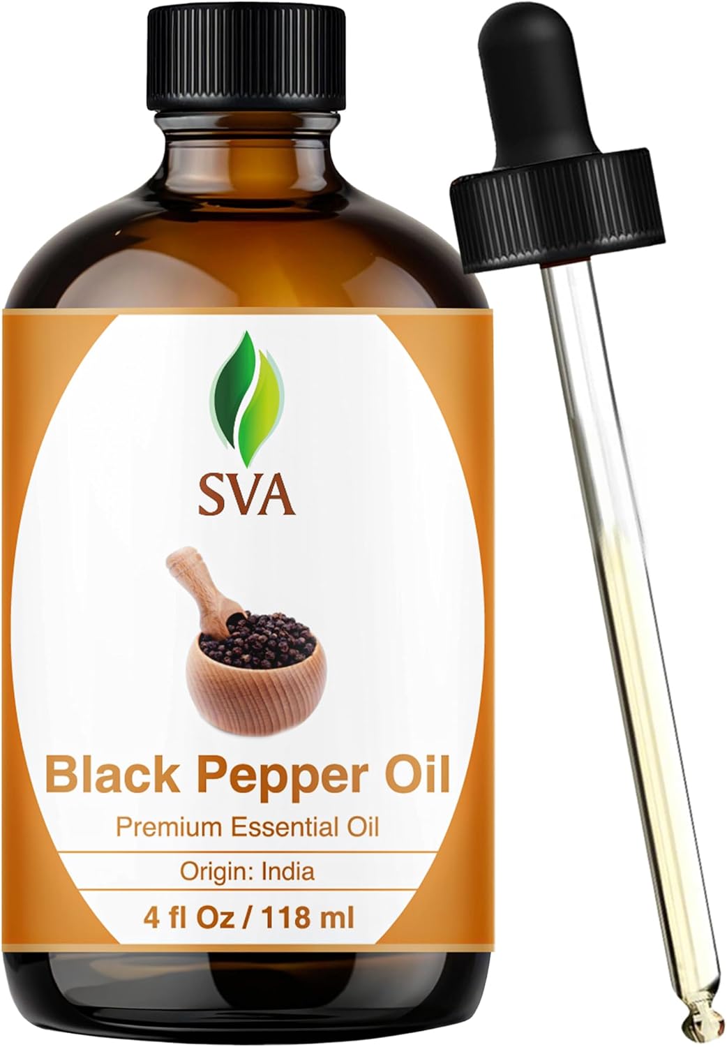 SVA Black Pepper Essential Oil – 4 Fl Oz – 100% Natural Black Pepper Oil - for Diffuser, Hair Care, Face, Skin Care, Aromatherapy, Scalp and Body Massage, Soap and Candle Making – with Dropper