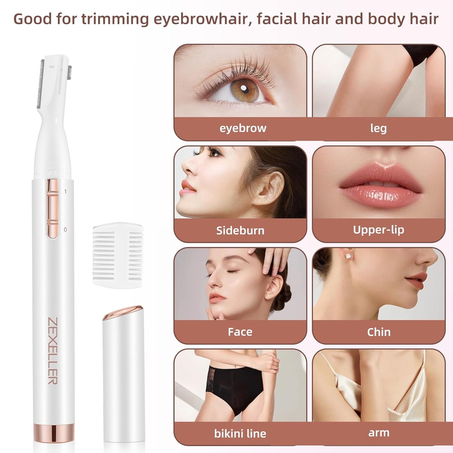 Upgraded Eyebrow Trimmer, Precision Facial Hair Trimmer with Comb, Battery Operated Painless Electric Eyebrow Razor Facial Hair Remover Face Chin Neck, Upper-Lip, Peach-Fuzz