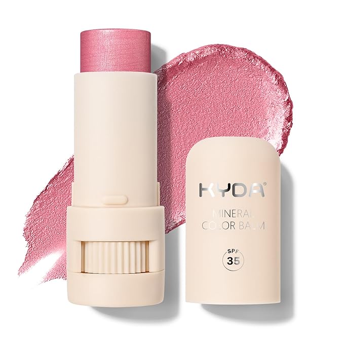 KYDA Mineral Color Balm, Buildable Shimmer Color for Lips and Cheeks, Broad spectrum SPF 35, Natural Shimmer Finish, Lightweight Blendable Creamy, Multiuse Blush Stick, PINK