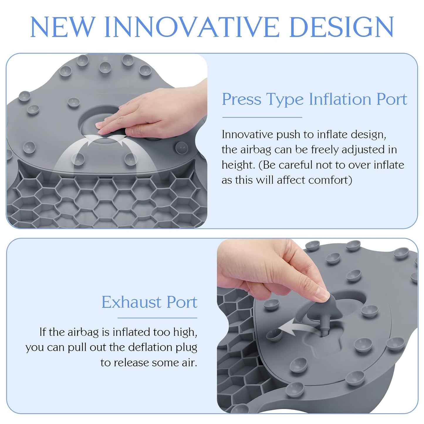 Silicone Bath Pillow, New Material Bath Pillows for Tub Head Neck and Back Support, Bath Tub Pillow with 4D Press Inflatable Airbag and Non-Slip Strong Suction Cups, Quick-Drying, Easy to Store, Gray