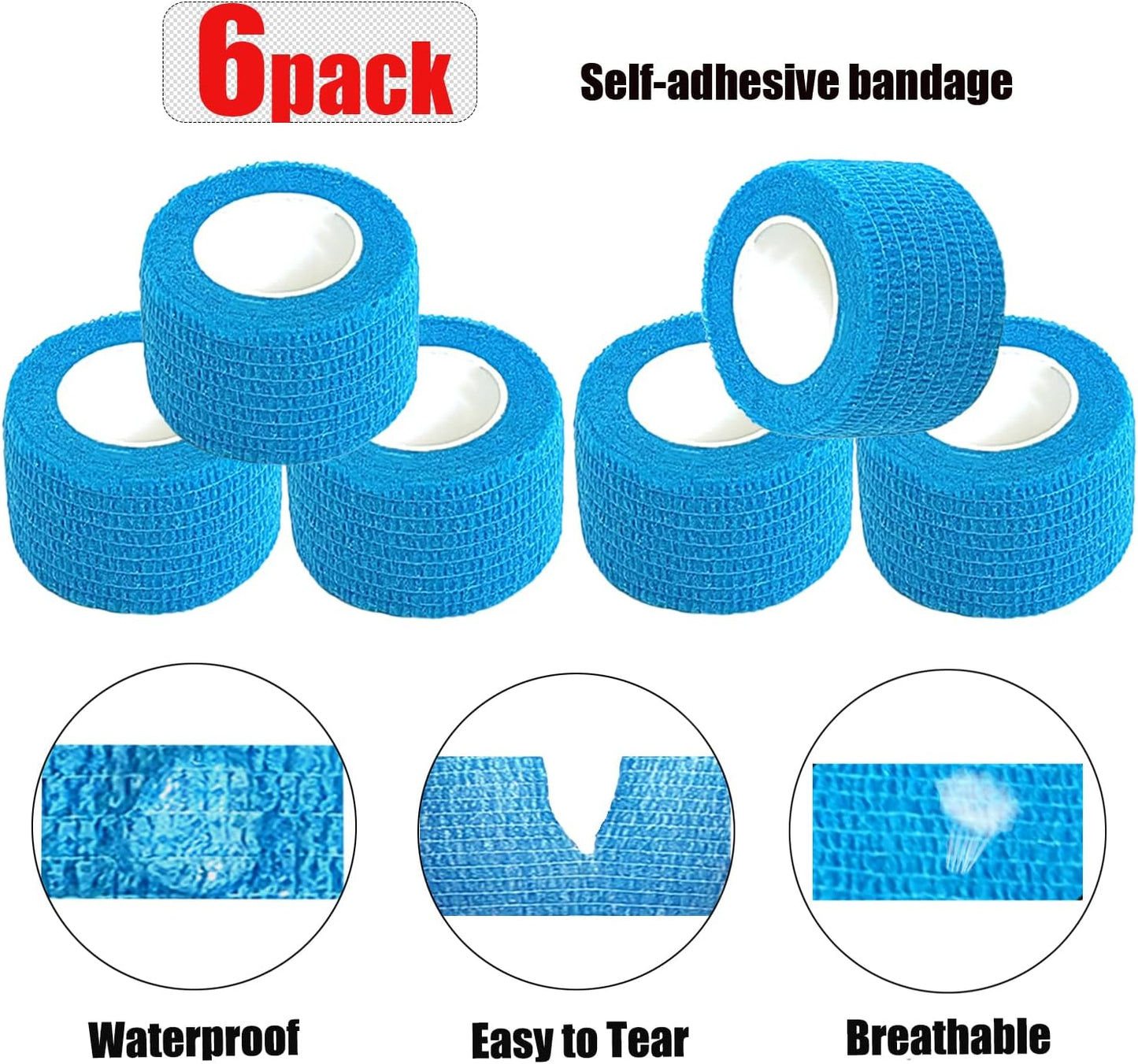 Hysiwen 6 Pack 1" x 5 Yards Self Adhesive Bandage Breathable Cohesive Wrap Self Adherent Vet Tape Self Stick Bandage Wrap for Sports, Athletic, Wrist, Ankle(Blue)