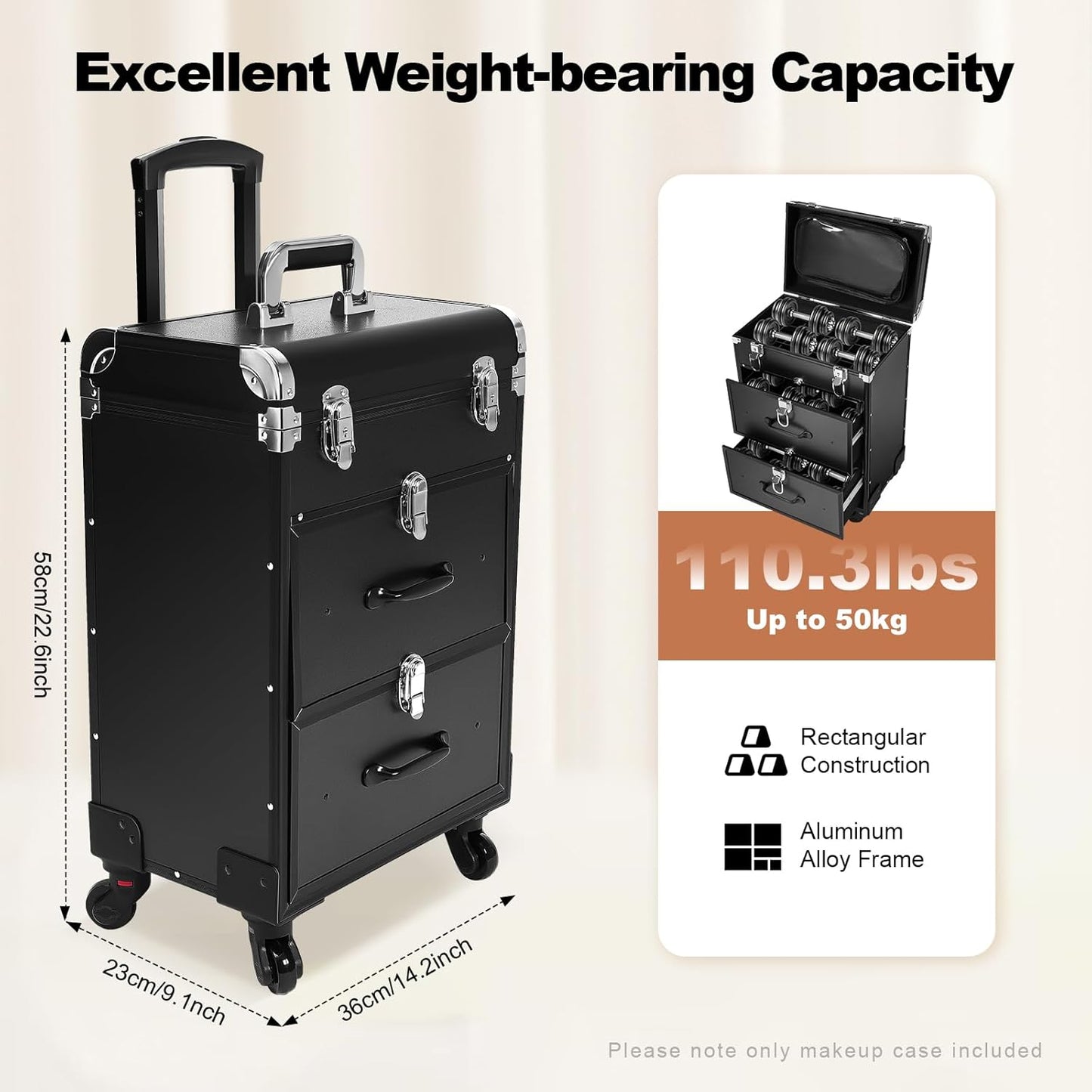 Lockable Makeup Train Case,110lbs Rolling Hairdressing Trolley,Beauty Salon Cosmetic Luggage with Universal Wheels for Hair Stylist,Make-up Artists,Hairdressers (Black 5)