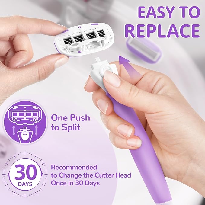 DreamGenius Razors for Women Include 2 Non-Slip Handles and 14 Blade Refills with a Shower Holder, 5 Premium Blades Women's Razors for Shaving with 360° Lubrication Reduces Irritation, Purple