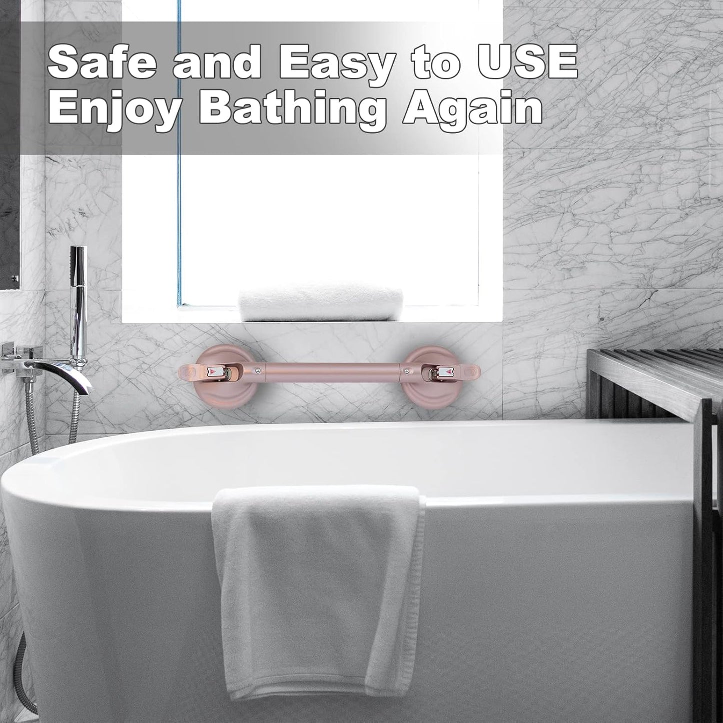 Heavy Duty Suction Shower Grab Bar - Toilet Bathroom Bathtub Safety - Shower Handles, Suction Cup Power Up to 250 LB, Perfect for Elderly Seniors18.5 Inch, Rose Gold