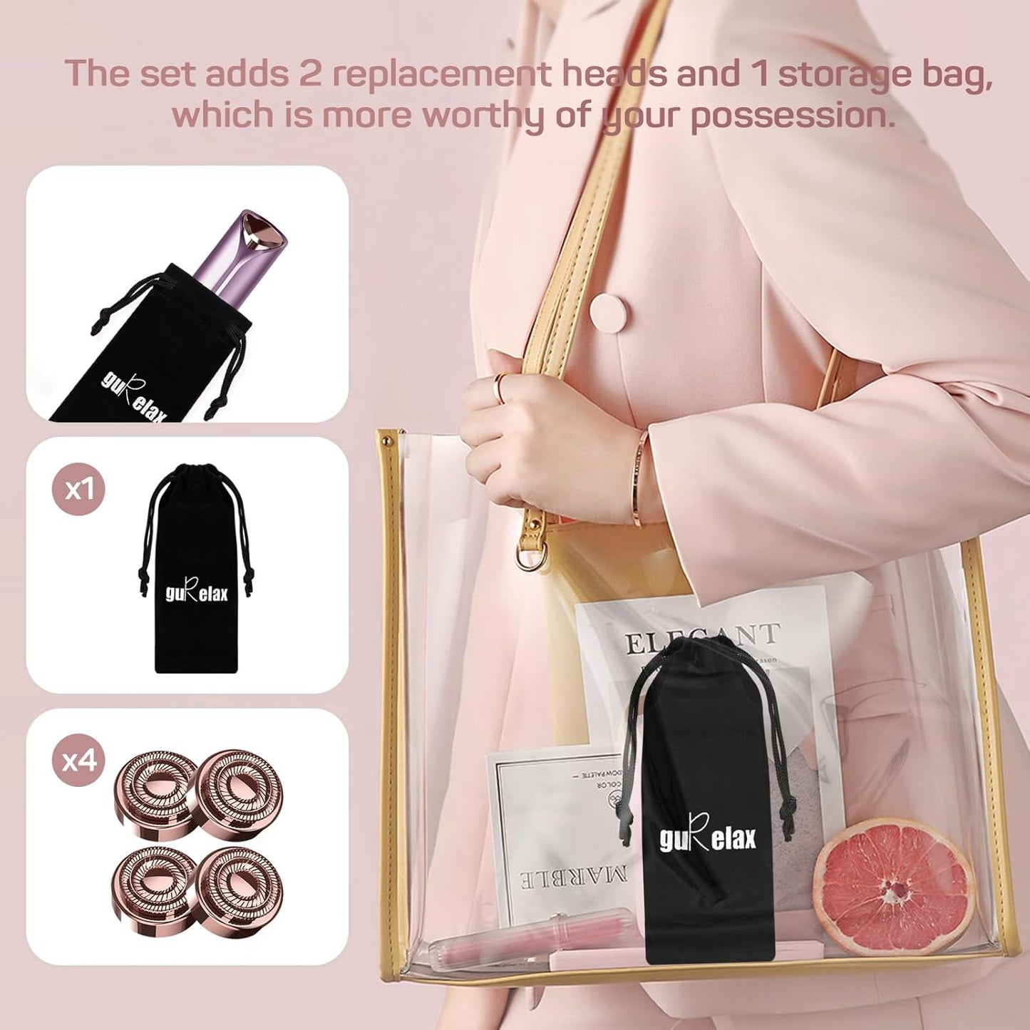 Facial Hair Removal for Women, Ladies Face Shaver(Rechargeable) for Chin Upper Lip Neck Armpits, Included 4 Replacement Heads, with a Velvet Storage Pouch