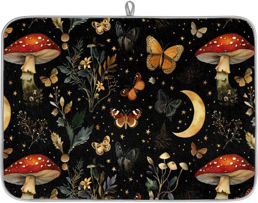 Hexteria Mushrooms and Butterflies Dish Drying Mat for Kitchen Counter Microfiber Absorbent Dish Draining Reusable Washable Foldable Extra Large 18"x24"