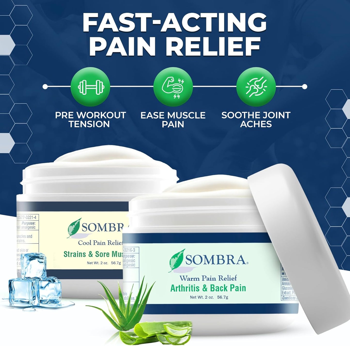 Sombra Warm & Cool Pain Relief Gel, Warm Relief for Arthritis and Chronic Pain Pre-Workout Muscle Rub, Cold for Swelling, Soreness, Post-Workout, Free of Artificial Fragrances, 2oz Per Jar