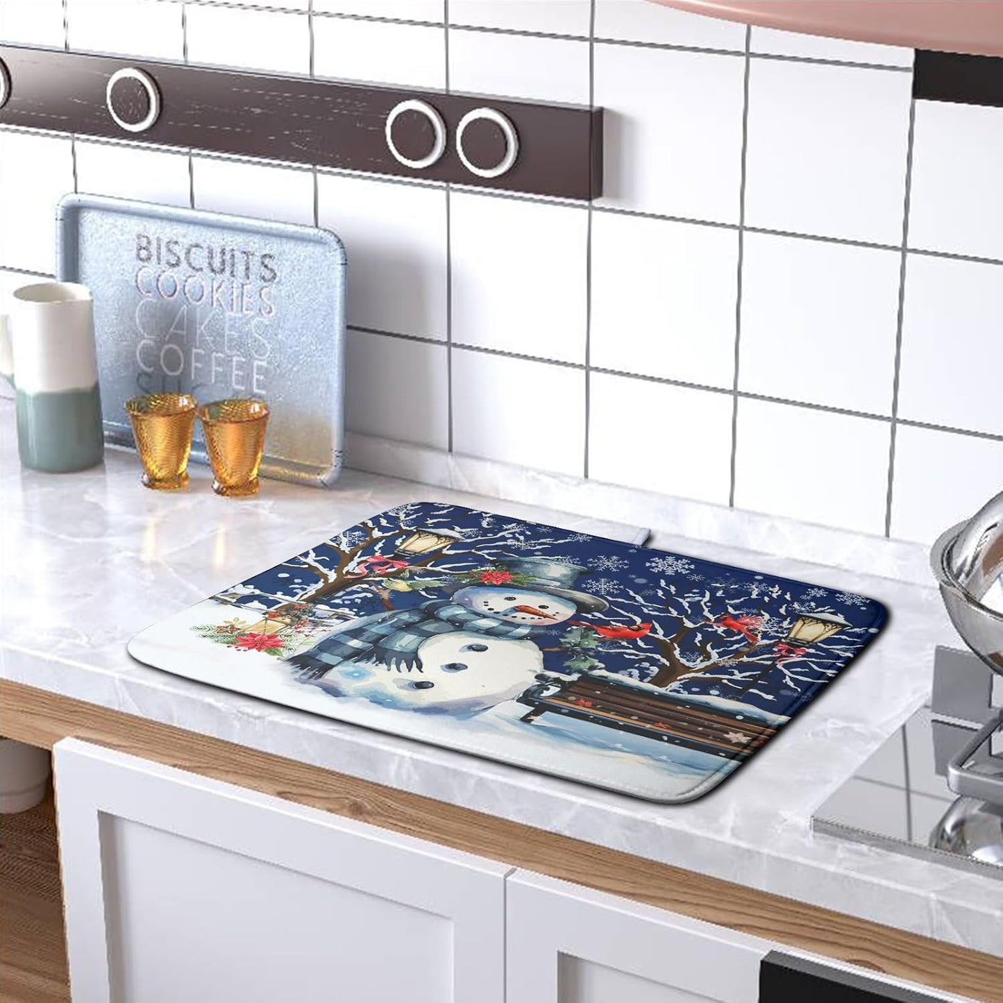 Winter Snowman Dish Drying Mat for Kitchen Counter 16x18, Xmas Snowflakes Dish Drainer Mat Snowy Night Drying Kitchen Mats Cardinal Birld Dish Pad Absorbent Reversible Coffee Mats for Dishes